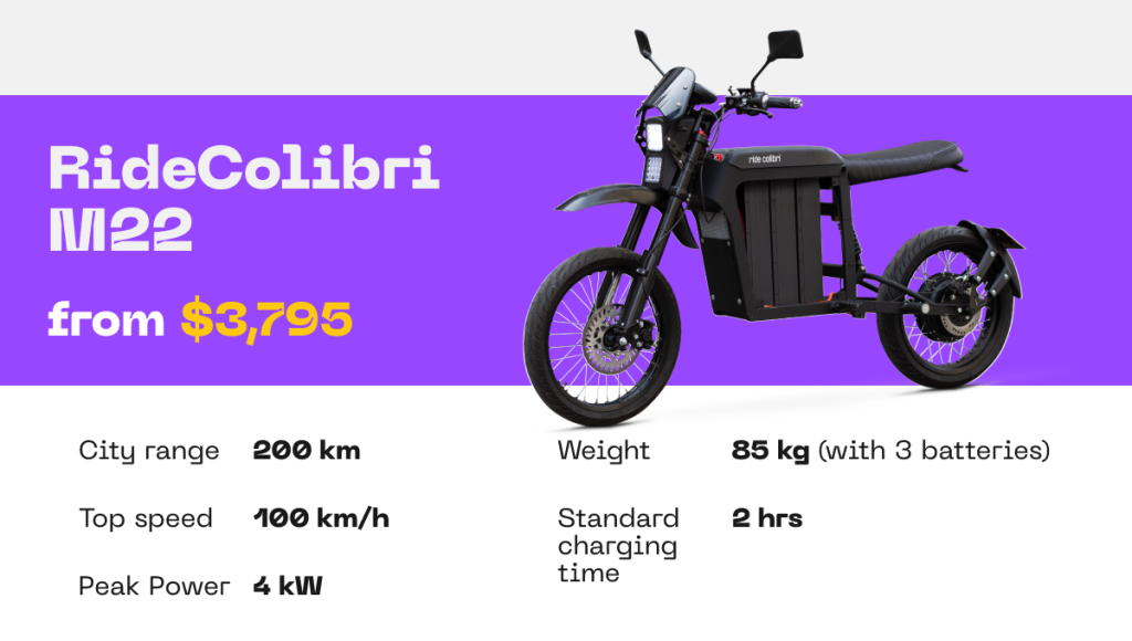 Ride Colibri M22: 

CITY RANGE: 200 KM
TOP SPEED: 100 KM/H
PEAK POWER: 4 kW
STANDARD CHARGING TIME: 2 HOURS
WEIGHT: 85 KG (with 3 batteries)
